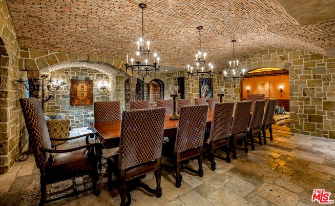 Chandelier, Dining room, Interior, Pendant Lights, Stone Walls