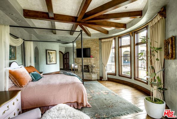 Bedroom, Fireplace, Interior, Recessed Lighting, Stone Walls, Wooden Beams, Wood Texture Flooring