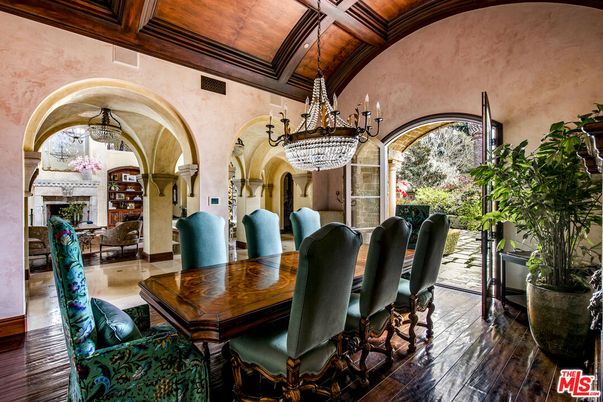 Chandelier, Dining room, Fireplace, Interior, Wooden Beams, Wooden Ceilings, Wood Texture Flooring