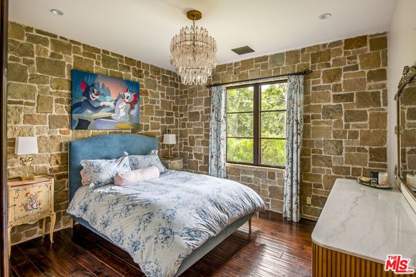Bedroom, Chandelier, Interior, Recessed Lighting, Stone Walls, Wood Texture Flooring