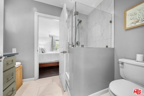 Bathroom, Bedroom, Glass Shower, Interior, Marble, Marble Walls, Wood Texture Flooring