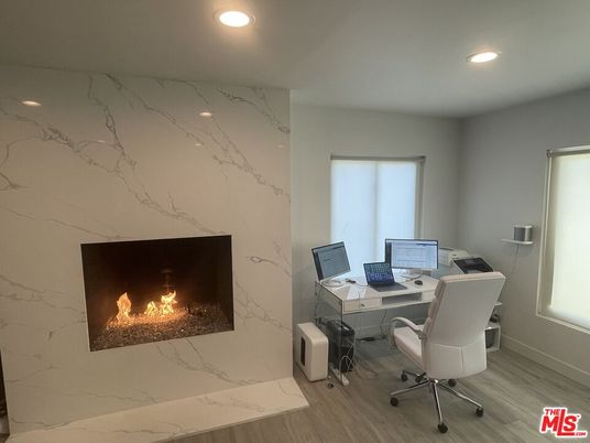 Fireplace, Home Office, Interior, Marble Walls, Recessed Lighting, Wood Texture Flooring