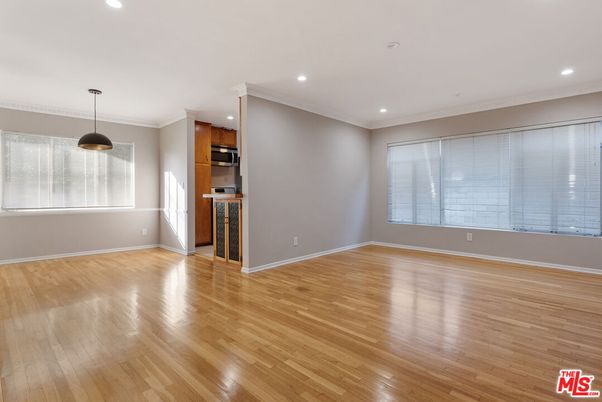 Empty room, Interior, Kitchen, Pendant Lights, Recessed Lighting, Wood Texture Flooring