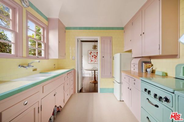 Interior, Kitchen, Tile Countertops, Wood Texture Flooring