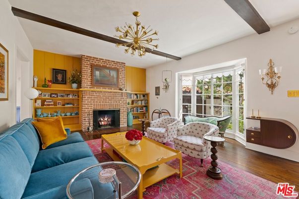 Fireplace, Interior, Living room, Pendant Lights, Stone Walls, Wooden Beams, Wood Texture Flooring