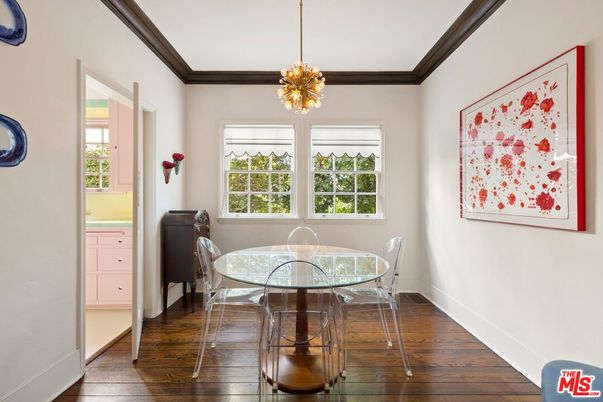 Dining room, Interior, Pendant Lights, Wood Texture Flooring