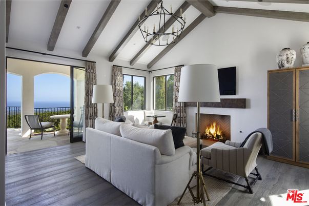 Chandelier, Fireplace, Interior, Living room, Water, Wooden Beams, Wood Texture Flooring