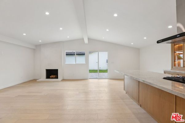Empty room, Fireplace, Interior, Recessed Lighting, Wood Texture Flooring
