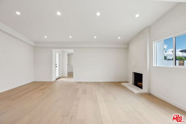 Empty room, Fireplace, Interior, Recessed Lighting, Wood Texture Flooring