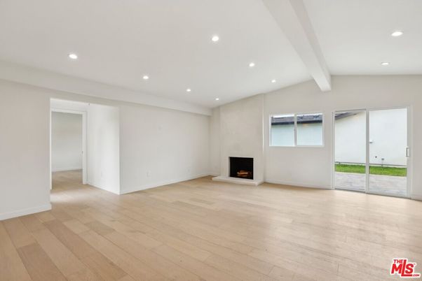 Empty room, Fireplace, Interior, Recessed Lighting, Wood Texture Flooring
