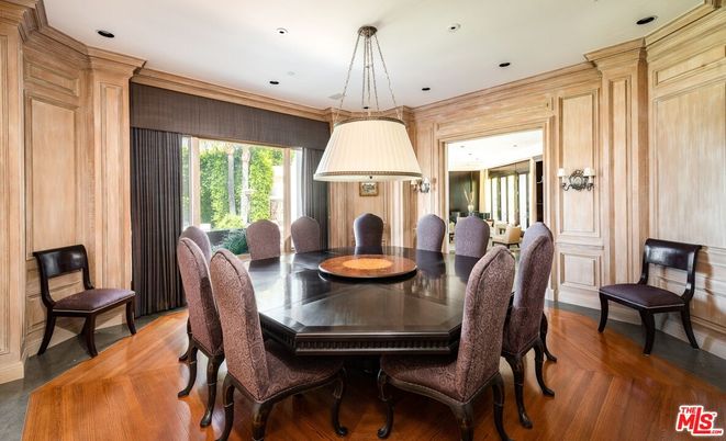Dining room, Interior, Recessed Lighting, Wood Texture Flooring, Wooden Walls