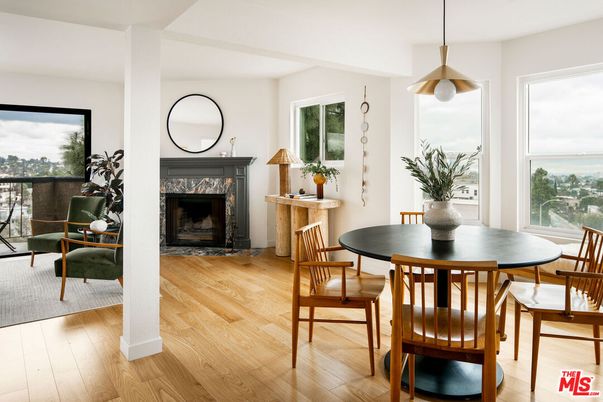 Dining room, Fireplace, Interior, Pendant Lights, Wood Texture Flooring