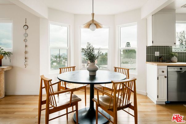 Dining room, Interior, Pendant Lights, Wood Texture Flooring