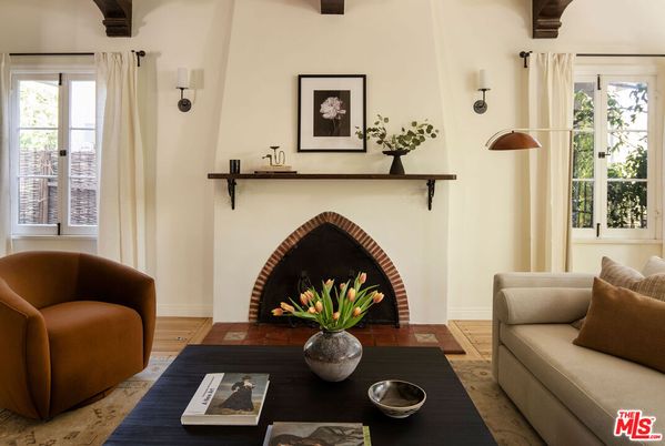 Dining room, Fireplace, Interior, Wooden Beams, Wood Texture Flooring
