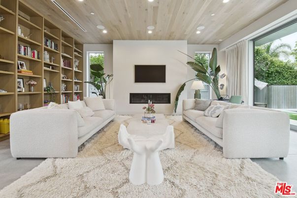 Fireplace, Interior, Living room, Recessed Lighting, Wooden Ceilings