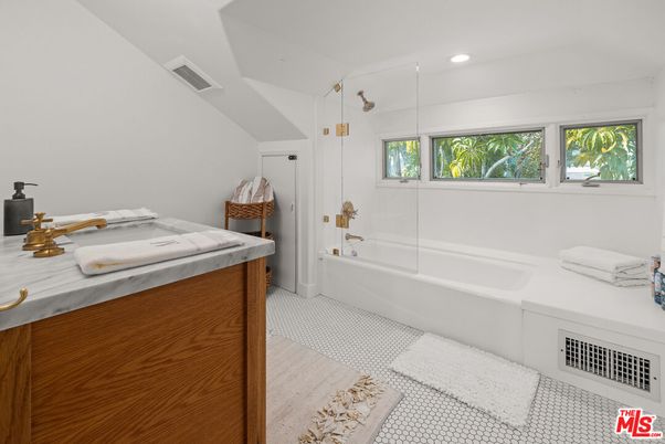 Bathroom, Glass Shower, Interior, Recessed Lighting, Wood Texture Flooring