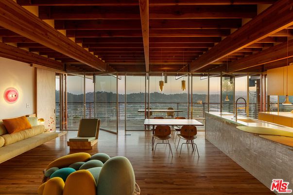 Dining room, Interior, Pendant Lights, Water, Wooden Beams, Wooden Ceilings, Wood Texture Flooring