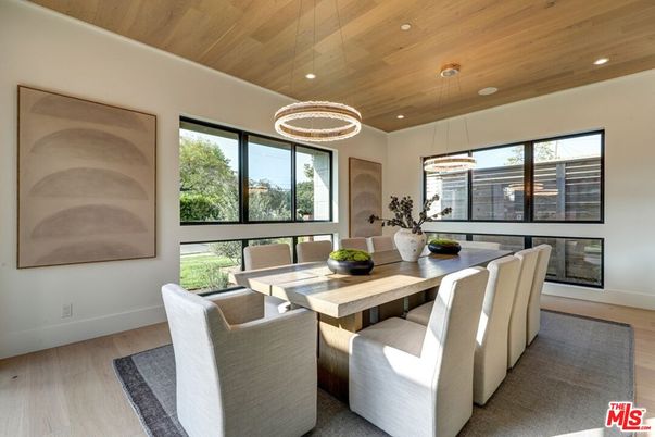 Dining room, Interior, Pendant Lights, Recessed Lighting, Wooden Ceilings, Wood Texture Flooring