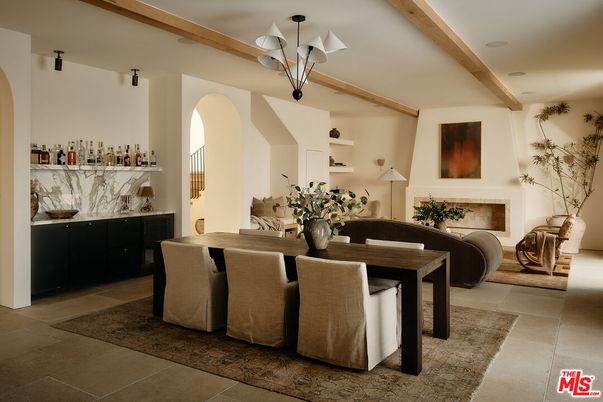 Chandelier, Dining room, Fireplace, Interior, Wooden Beams