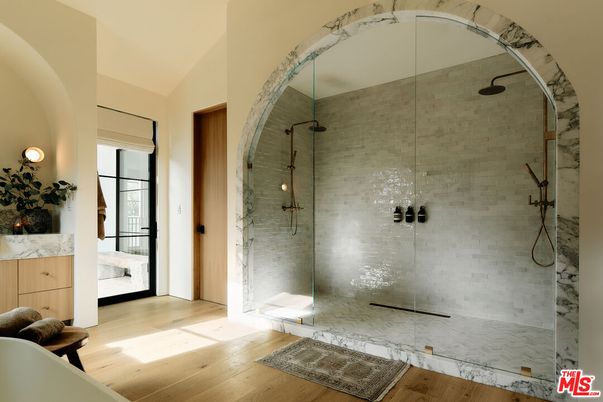 Bathroom, Glass Shower, Interior, Wood Texture Flooring