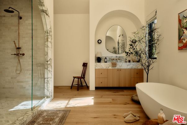 Bathroom, Free Standing Baths, Glass Shower, Interior, Wood Texture Flooring