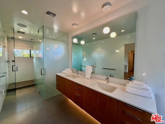 Bathroom, Dual Sink Vanities, Glass Shower, Interior, Pendant Lights, Recessed Lighting