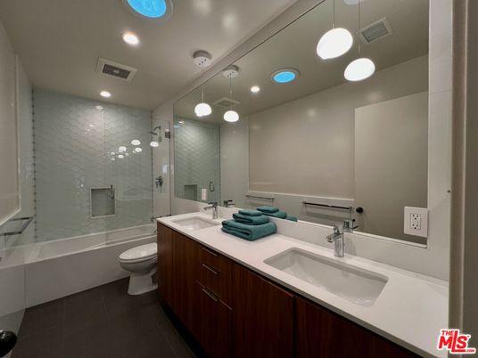 Bathroom, Dual Sink Vanities, Glass Shower, Interior, Pendant Lights, Recessed Lighting