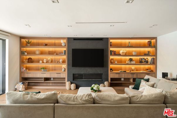 Fireplace, Interior, Living room, Recessed Lighting, Wood Texture Flooring