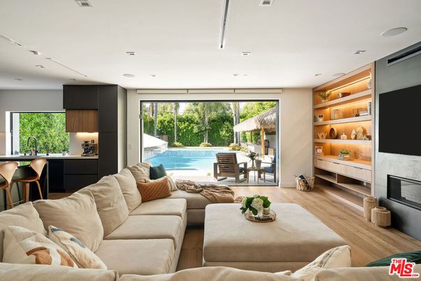 Fireplace, Interior, Kitchen, Living room, Recessed Lighting, Wood Texture Flooring