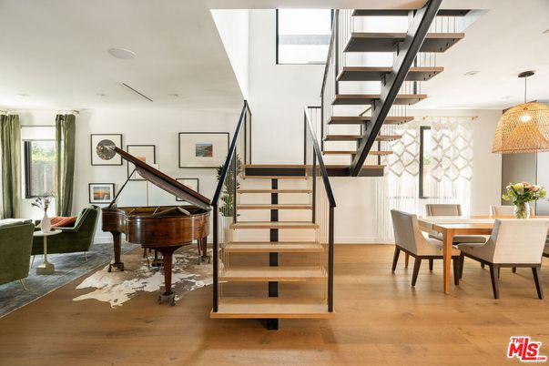 Dining room, Interior, Pendant Lights, Piano, Wood Texture Flooring