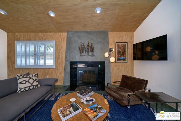 Fireplace, Interior, Living room, Recessed Lighting, Wooden Ceilings