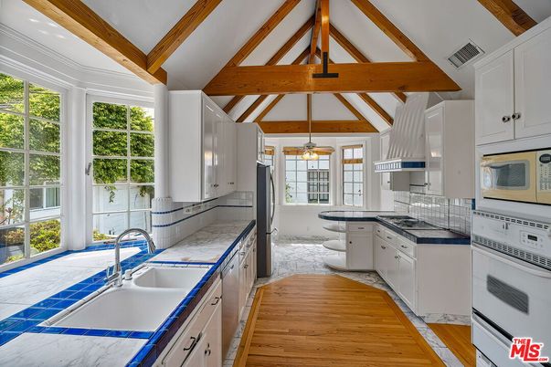 Interior, Kitchen, Pendant Lights, Tile Countertops, Wooden Beams, Wood Texture Flooring