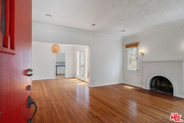 Empty room, Fireplace, Interior, Pendant Lights, Recessed Lighting, Wood Texture Flooring