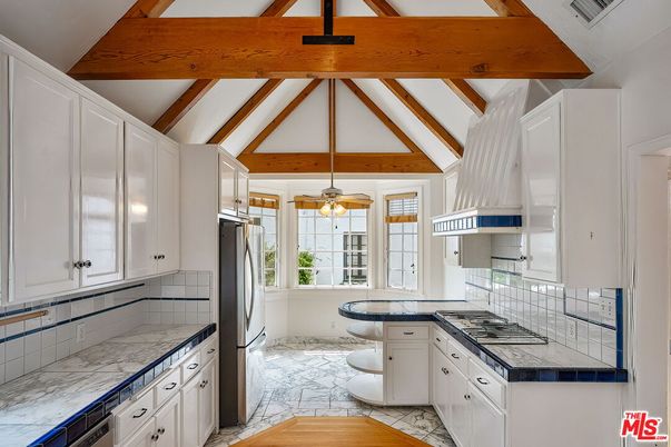 Interior, Kitchen, Marble, Pendant Lights, Wooden Beams