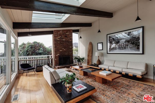 Fireplace, Interior, Living room, Pendant Lights, Stone Walls, Wooden Beams, Wood Texture Flooring