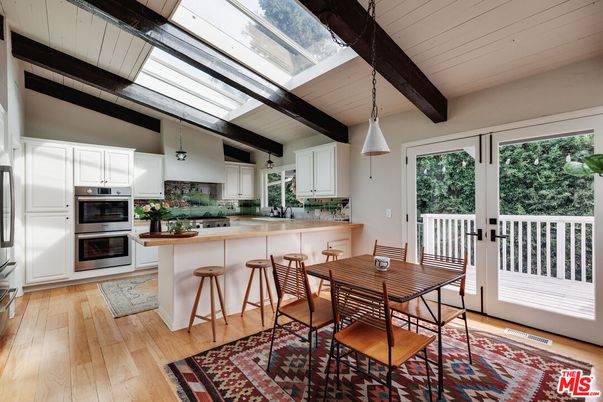 Dining room, Interior, Kitchen, Pendant Lights, Stainless Steel Appliances, Wooden Beams, Wood Texture Flooring