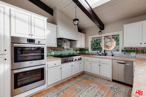 Interior, Kitchen, Pendant Lights, Stainless Steel Appliances, Wooden Beams, Wood Texture Flooring