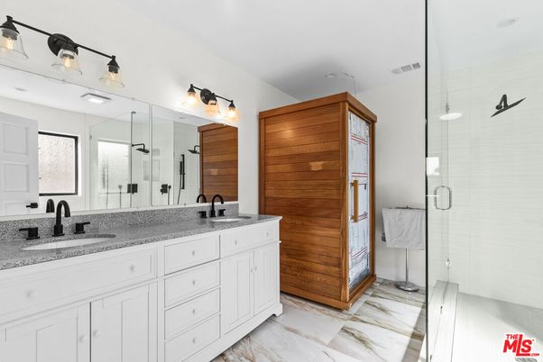 Bathroom, Dual Sink Vanities, Glass Shower, Interior, Marble, Wooden Walls