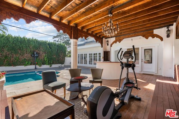 Chandelier, Exterior, Fitness Equipment, Pool, Wooden Beams
