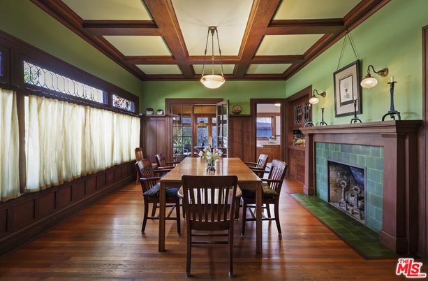 Dining room, Fireplace, Interior, Pendant Lights, Wooden Beams, Wood Texture Flooring
