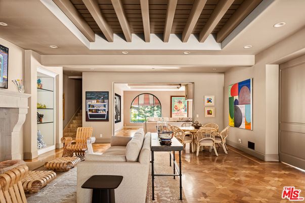 Dining room, Fireplace, Interior, Living room, Recessed Lighting, Wooden Beams, Wooden Ceilings, Wood Texture Flooring
