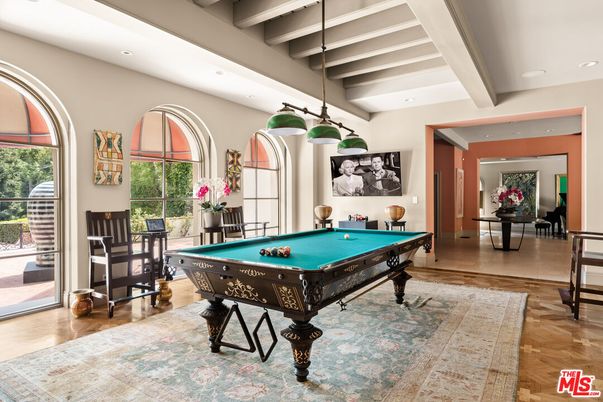 Billiard Table, Game Room, Interior, Pendant Lights, Recessed Lighting, Wood Texture Flooring