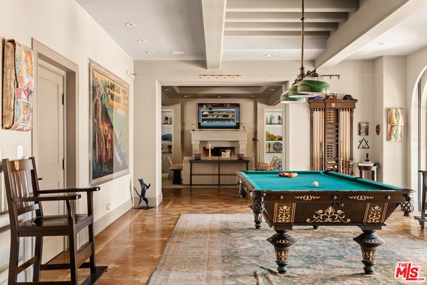 Billiard Table, Fireplace, Game Room, Interior, Pendant Lights, Recessed Lighting, Wood Texture Flooring