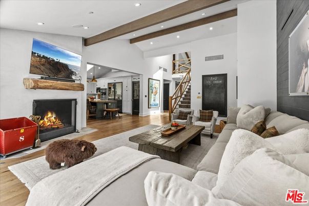 Fireplace, Interior, Living room, Recessed Lighting, Wooden Beams, Wood Texture Flooring