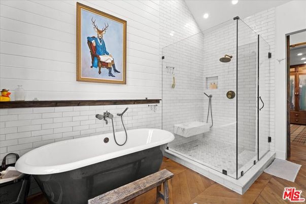 Bathroom, Free Standing Baths, Glass Shower, Interior, Recessed Lighting, Wood Texture Flooring