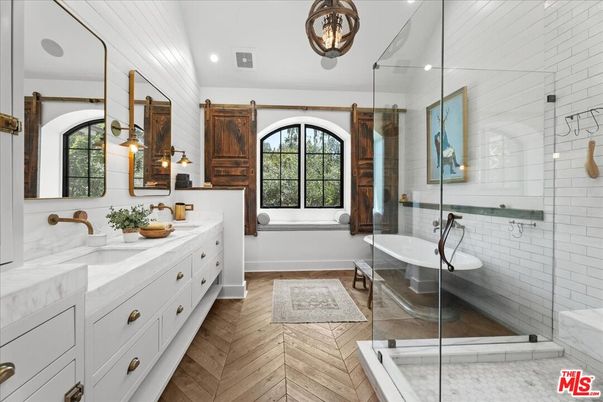 Bathroom, Dual Sink Vanities, Free Standing Baths, Glass Shower, Interior, Recessed Lighting, Wood Texture Flooring