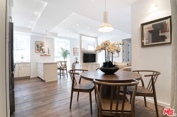 Dining room, Interior, Pendant Lights, Recessed Lighting, Wood Texture Flooring