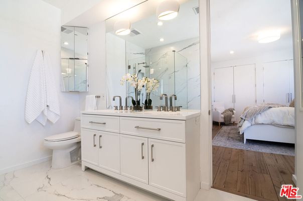 Bathroom, Bedroom, Dual Sink Vanities, Glass Shower, Interior, Marble, Marble Walls, Recessed Lighting, Wood Texture Flooring
