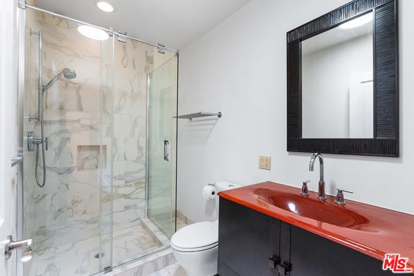 Bathroom, Glass Shower, Interior, Marble, Marble Walls, Recessed Lighting