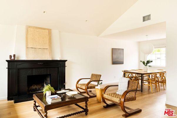 Dining room, Fireplace, Interior, Pendant Lights, Recessed Lighting, Wood Texture Flooring